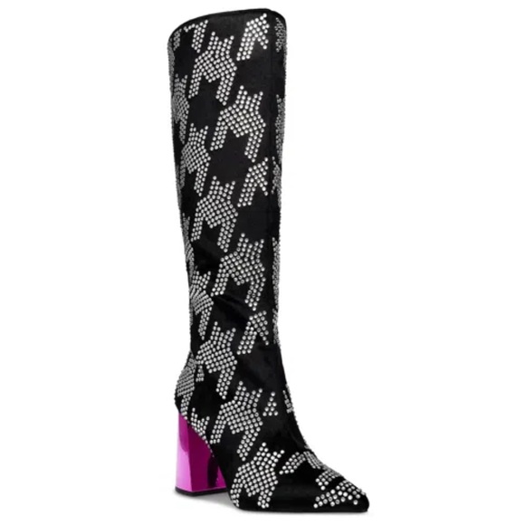 Betsey Johnson Shoes - Betsey Johnson Naomy Rhinestone Houndstooth pink block heelTall Boots 6 NWOT